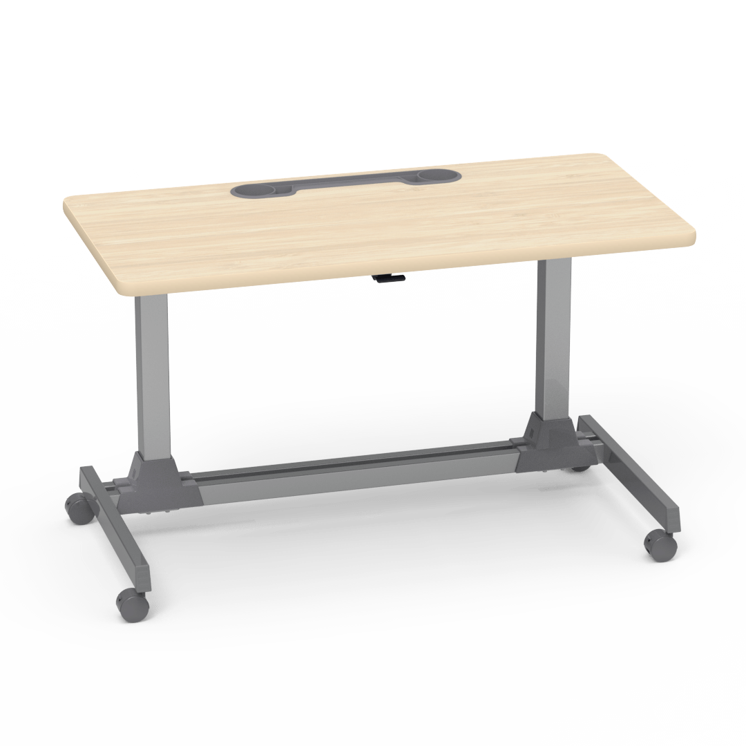 Room to Move Sit-to-Stand Workstation 24in x 48in Rectangle with Accessory Tray 29in - 42in Adjustable Asian Sand Blond Tuscani Silver Mist
