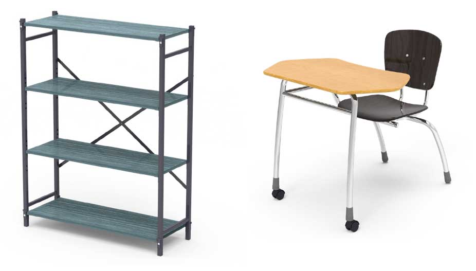 shelving next to a chair desk combo