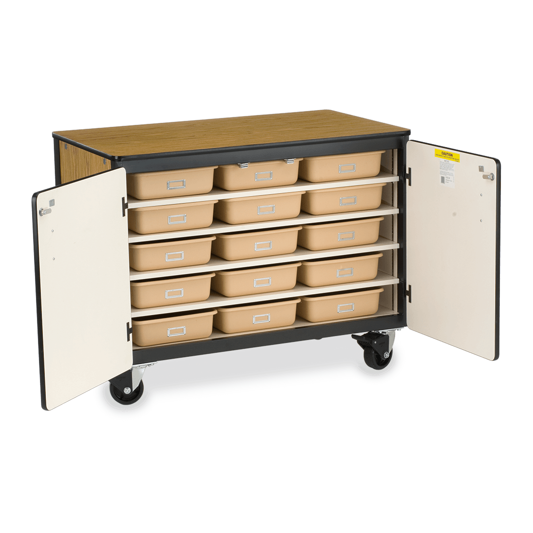 Mobile Storage Cabinet With One Fixed/Four Adjustable Shelves And 15 Tote Trays Medium Oak Char Black Char Black