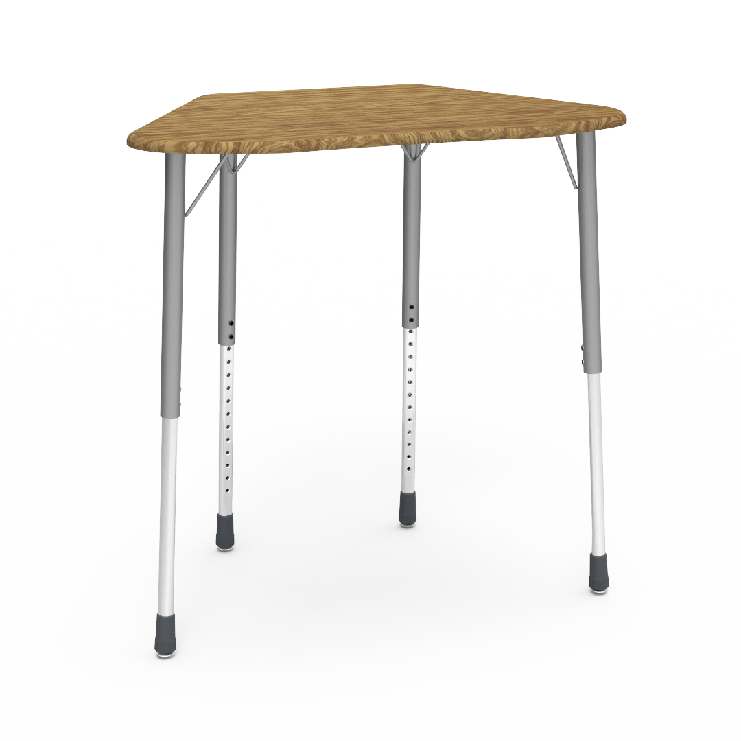 ZUMA Series Hexagon Desk 22in - 34in Adjustable Medium Oak Silver Mist