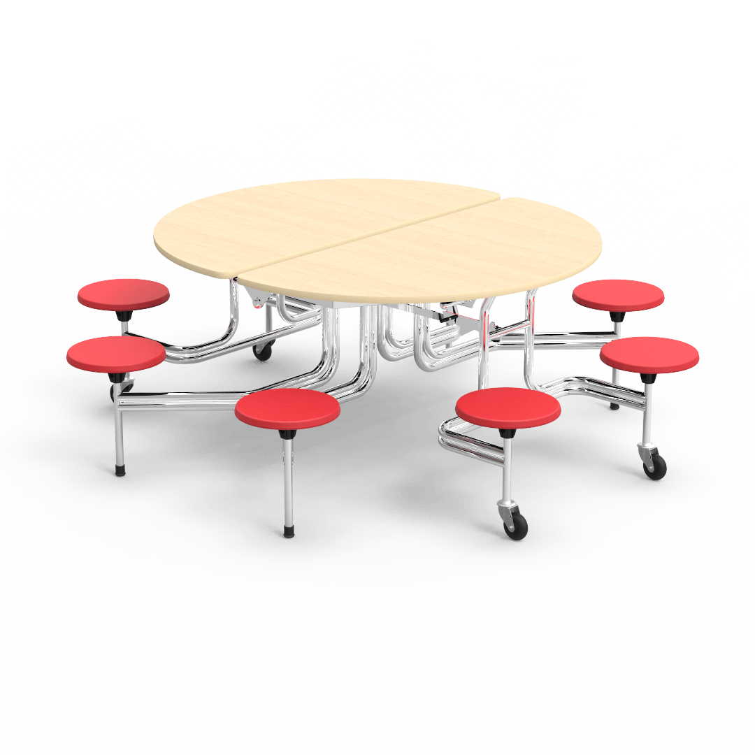 MTSO Series Mobile Oval Stool Table 60in Top 8 Stools 29in Red Asian Sand Fusion Maple Chrome