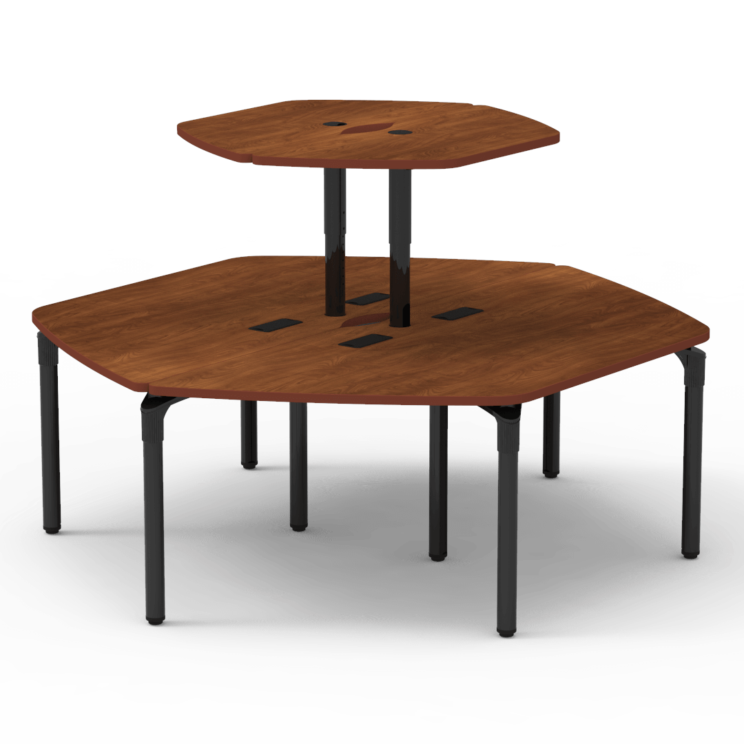 Plateau Series Table 74in x 84in Hexagon 29in Wild Cherry Windsor Cherry Char Black